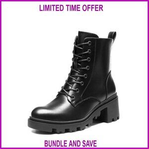 Women's Lace Up Combat Ankle Boots Chunky Heel Lug Sole PU Leather